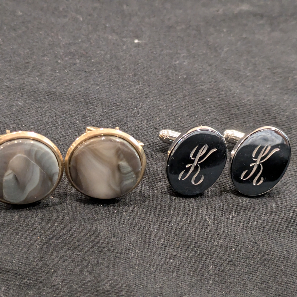 Vintage 4 Pieces Men's Monogram K And Botswana Agate Silver And Gold Tone Cuffli
